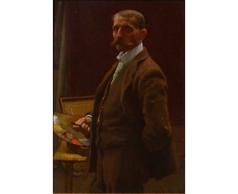 H Wilson Foster,Self-portrait, three-quarter length with artist materials,oil on panel, signed and indistinctly dated, possib