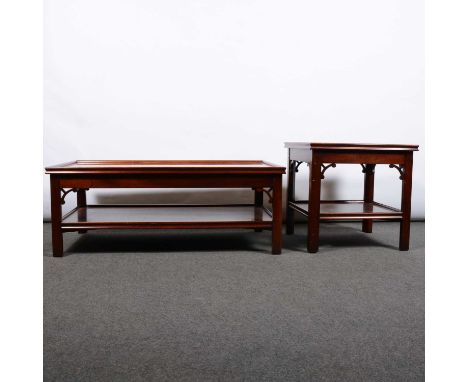 Mahogany coffee table, rectanngular top with crossbanding and stringing, width 107cm, depth 62cm height 40cm, and a similar l