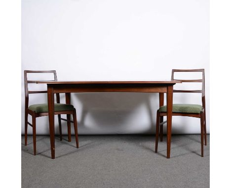 Mid-century teak dining suite, including dining table width 130cm, depth 86cm, height 74cm; four chairs with ladder backs; an