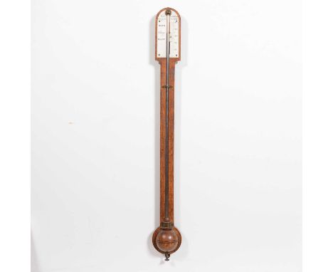 Oak stick barometer, by West, London, ivory dial, turned cistern cover, 96cm.