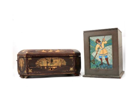 A George III inlaid mahogany tea caddy, with tin liners, 21cm; a Victorian rosewood work box with mother-of-pearl inlay, 28cm