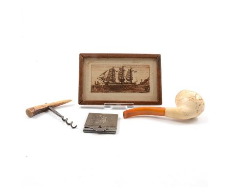 A Glyc. Boracis medicine jar, 17cm; a Apomorphine jar, 6cm; two boxwood holders; a carved Meerschaum pipe; ,two French plates