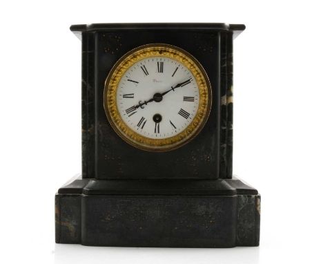 Victorian black slate mantel clock, with marble decoration, white enamel dial indistinctly signed, timepiece movement, 23cm.