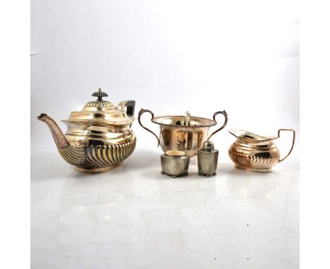 A three-piece silver-plated coffee set, comprising coffee pot, sugar bowl and milk jug; a three-piece silver-plated teaset, c