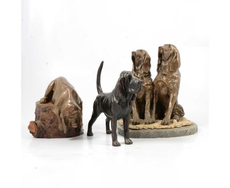 Roger Andrews Studios, The Hounds, resin group, 22cm; bronzed resin model of a Sleeping Bloodhound and a spelter Bloodhound; 