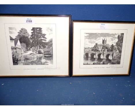 Two framed Peter Manders Prints of Herefordshire scenes to include; 'Cathedral and Wye Bridge' and 'The River Arrow at Eardis