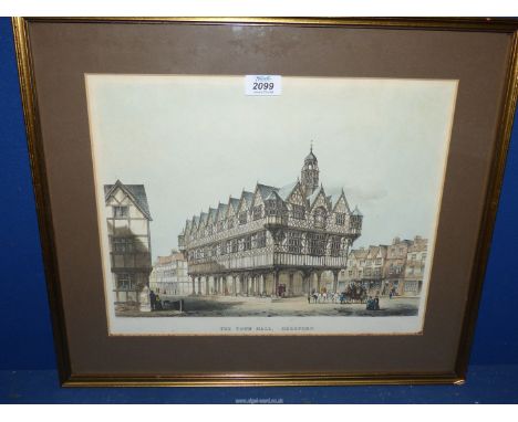 A framed and mounted coloured Lithograph, sketched by J. Clayton depicting 'The Town Hall - Hereford', 20 3/4" x 18".