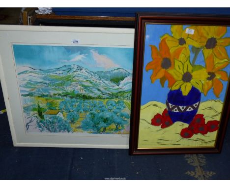 American artist M. Pestana, colourful Watercolour of sunflowers and poppies, signed and titled lower right, 29" x 2" incl. fr