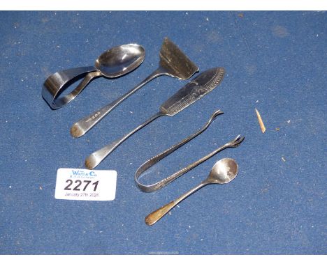 A small quantity of silver flatware including bird feet sugar tongs, Sheffield, christening spoon and pusher set, Birmingham,