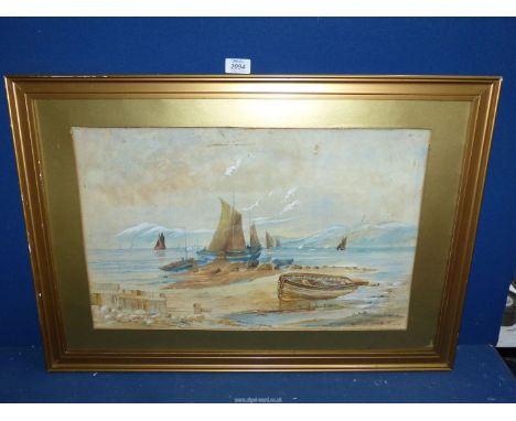 A framed and mounted (but unglazed) Watercolour of a seascape with sailing boats and rolling hills in the distance, initialed