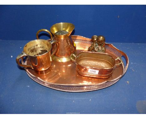 A small quantity of copper including Victorian two handle pint tankard, heavy model of Mary & Baby Jesus, small copper plante