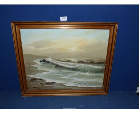 A framed Oil on canvas signed lower left 'Schubert' depicting a seascape at sunrise, 22 1/2" x 18 1/2".