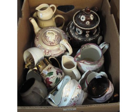 Box of assorted china to include; 19th Century Sunderland lustre jug, 'a view of the cast iron bridge over the river Wear' (A