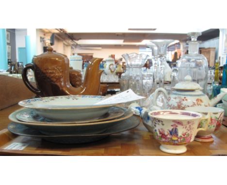 Mixed lot of oriental and oriental style items to include; famille rose export soup dish and plate, famille rose celadon dish