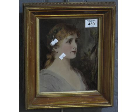 Pre-Raphaelite style portrait of a young woman, coloured print, framed and glazed. 24 x 19cm approx. Together with after Fran
