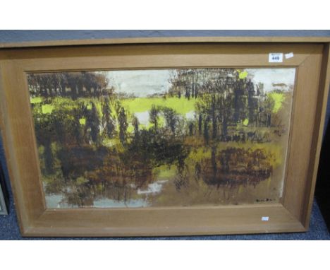 R Davies (20th Century), abstract woodland scene, signed, oils on board. Framed. 44 x 76cm approx. (B.P. 24% incl. VAT) 