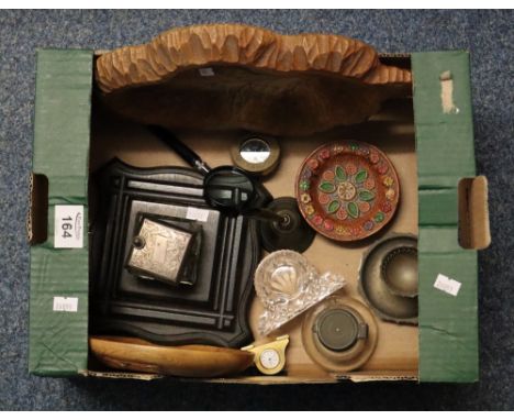 Box of oddments including; inkwell, brass compass, magnifying glass, miniature clock, desk stand, wooden dish etc. (B.P. 24% 