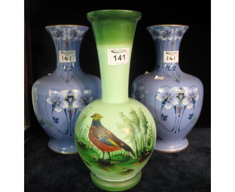 Pair of Orion ware Wood &amp; Sons baluster floral china vases, together with a Victorian opaline glass vase, overall with ph