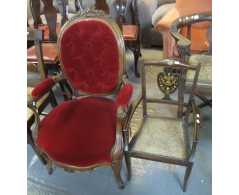 Victorian style walnut button back open armchair on serpentine front, together with a small Edwardian rosewood inlaid bedroom