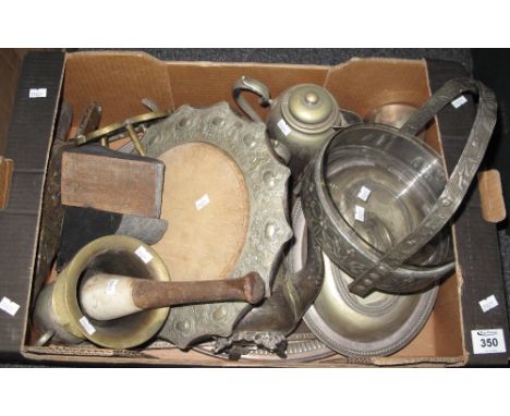 Box of assorted metalware to include; entree dish, teapot, water jug, pestle and mortar etc. (B.P. 24% incl. VAT)