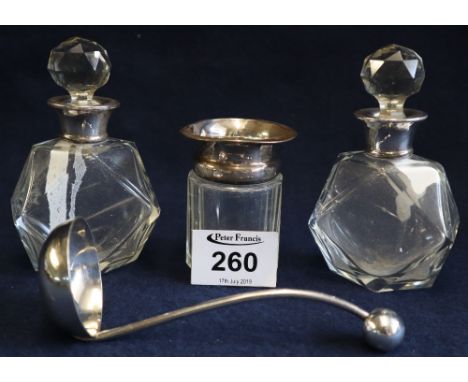 Group of silver topped scent bottles and dressing table items, various, plated ladle. (4) (B.P. 24% incl. VAT)