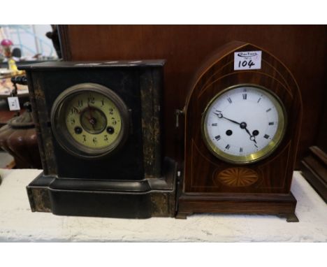 Edwardian inlaid rosewood two train lancet shaped mantel clock with Roman enamel face on brass feet, together with a early 20