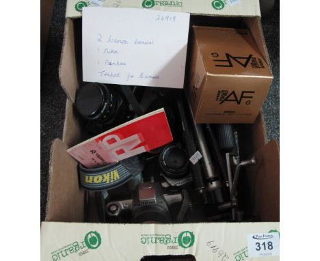 Box of assorted cameras and equipment to include; Canon, Pentax, lenses, tripod etc. (B.P. 24% incl. VAT) 
