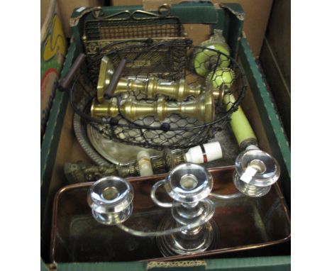 Box of assorted metalware, various to include; silver plated table candelabrum, copper planter, brass candlesticks, table lam