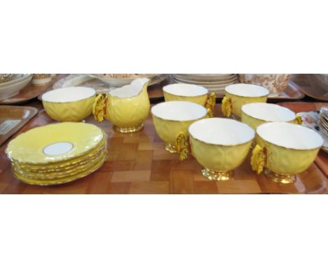 Aynsley bone china cabbage design gilded and yellow tea service with butterfly handles to include; 6 cups, 6 saucers, cream j