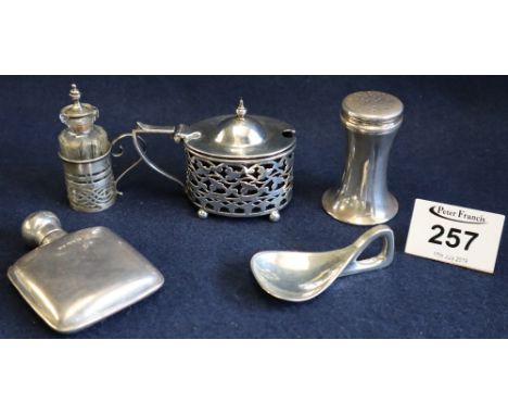 Collection of small silver condiments and a small silver flask and silver caddy spoon.(B.P. 24% incl. VAT)