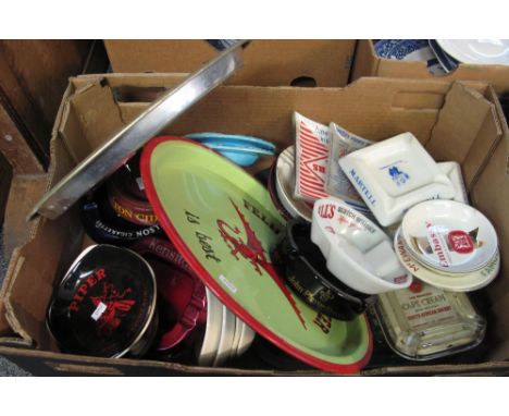 Two boxes of breweriana to include; Schweppes Long John scotch whisky and other ashtrays, Sandeman Port circular tray, other 