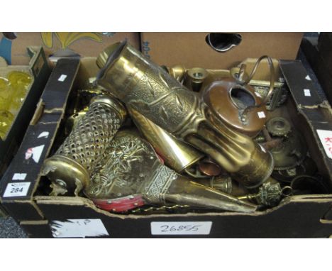 Box of assorted brass and copper ware to include; postal scales, candlesticks, trench art vases, copper teapot, companion set