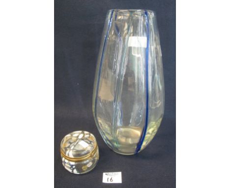 Ovoid shaped art glass vase with blue ribbed decoration, together with a small enamel decorated glass. (2)(B.P. 24% incl. VAT