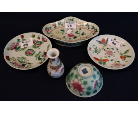 Group of assorted Chinese Canton porcelain enamel decorated items to include; two shallow dishes, a boat shaped dish, a tea b