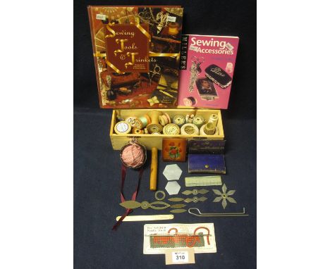 Tray of assorted sewing and needlework bygones to include; a box of cotton reels, Kays practical embroiderer set with leaflet