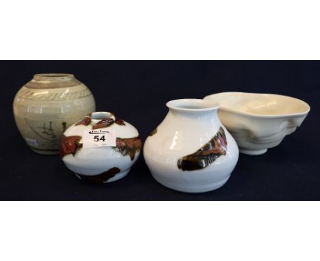 A group of assorted ceramic items to include; Chinese jar, part pottery distorted 'bowl', two white porcelain baluster jars. 