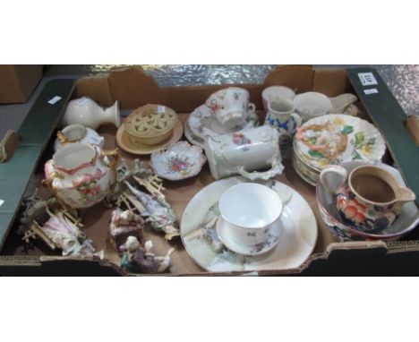 Box of assorted china, various to include; Dresden cabinet cup and saucer, continental figurines, Royal Worcester blush ivory