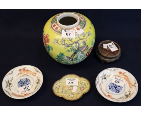 A group of Chinese porcelain and Canton enamel items to include; ginger jar, pin dish, saucers etc, plus stand. (4)(B.P. 24% 