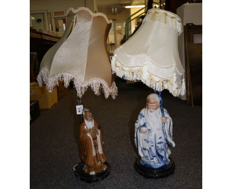 Two similar oriental design porcelain figural table lamp bases with shades on pierced wooden plinths. (2)(B.P. 24% incl. VAT)