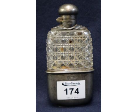 Silver mounted hobnail cut glass hip flask with hinged cover and cup base. Sheffield hallmarks.(B.P. 24% incl. VAT) CONDITION