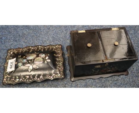 Victorian papier mache mother of pearl inlaid tea caddy with floral decoration and hinged cover (broken). (B.P. 24% incl. VAT
