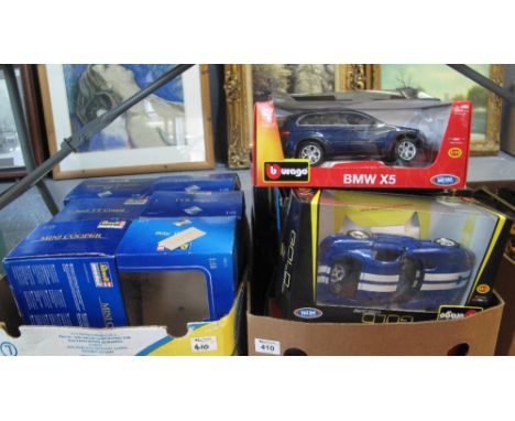 Box containing 1:18 and 1:19 scale diecast model vehicles in original boxes, mainly to include Burago. Together with six Reve