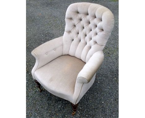 VICTORIAN ARMCHAIR, WITH GREY UPHOLSTERED BUTTON BACK ON TURNED LEGS (97 cm x 81 cm x 94 cm)