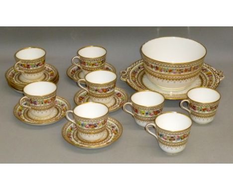 FINE VICTORIAN BONE CHINA PART TEASET WITH PAINTED FLORAL AND GILT DECORATION COMPRISING 8 CUPS, 8 SAUCERS, BREAD AND BUTTER 