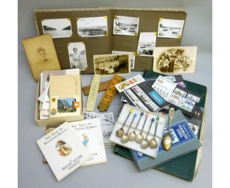 QUANTITY OF EPHEMERA INCLUDING VINTAGE AND VICTORIAN PHOTOGRAPHS, STAMP ALBUM (UK, WORLD AND PRESENTATION PACKS), RULERS BY R