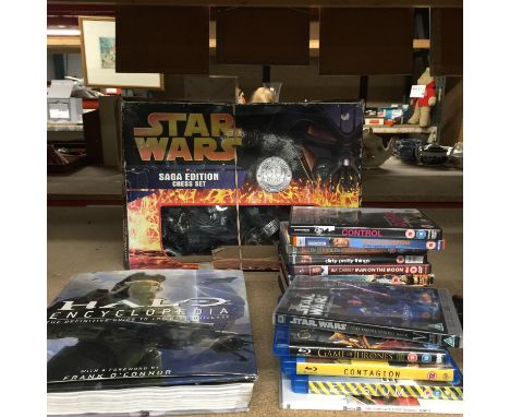 A STAR WARS SAGA EDITION CHESS SET, DVDS TO INCLUDE BLU-RAY AND THE HALO ENCYCLOPEDIA 