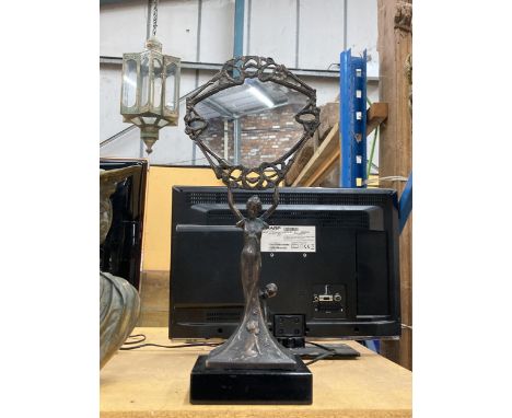 AN ART DECO STYLE BRONZE FIGURAL MIRROR ON MARBLE BASE 