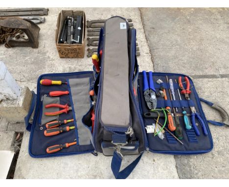 AN ASSORTMENT OF TOOLS TO INCLUDE PLIERS, SCREW DRIVERS AND WIRE STRIPPERS ETC 