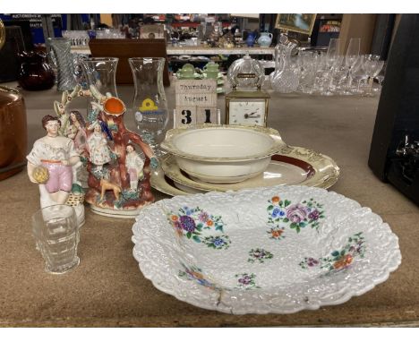 A MIXED LOT TO INCLUDE STAFFORDSHIRE FIGURES, CLOCK ETC 
