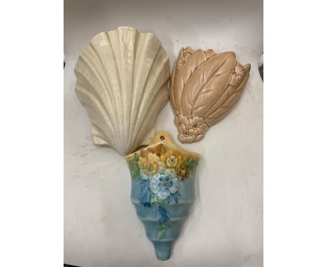 THREE VINTAGE CERAMIC WALL POCKETS TO INCLUDE T F &amp; S LTD, EPIRE AND ONE OTHER 